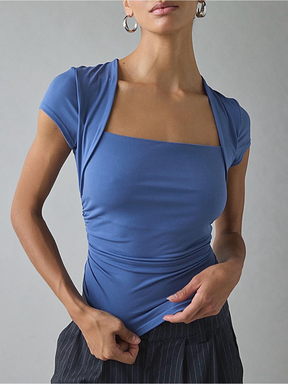 UO Claire Blue Cropped Cap Short Sleeve Shrug Top